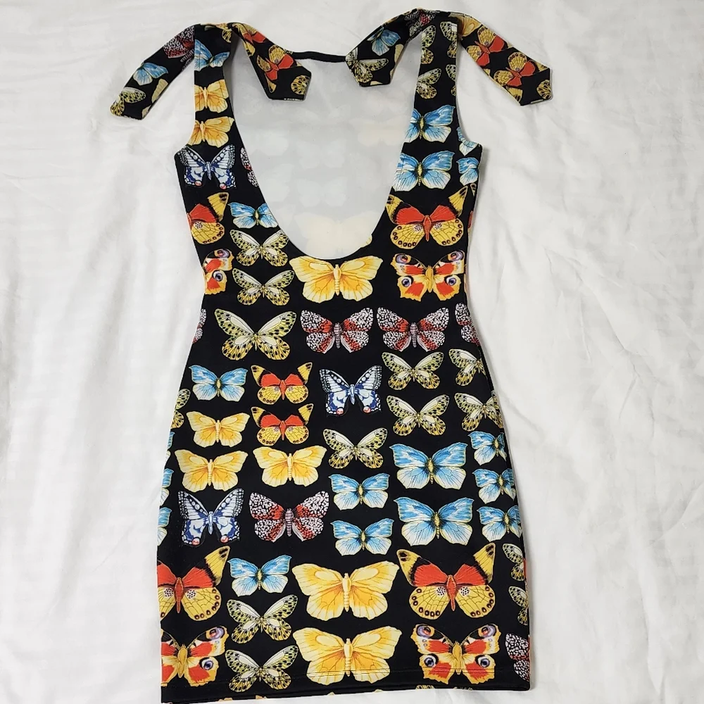 Little Black Butterfly Low Cut Back Mini Dress S - Picture 2 of 5